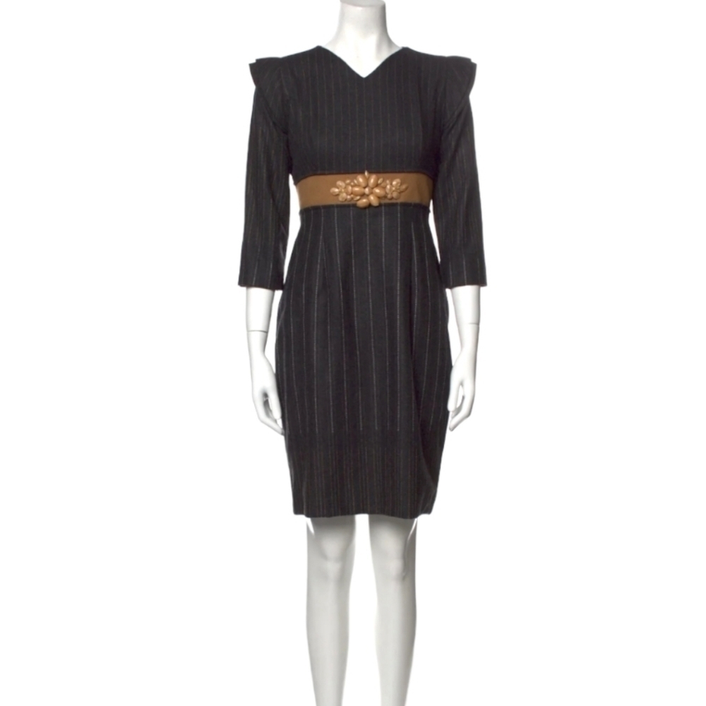 Carolina Herrara Grey Wool Pinstripe Beaded Dress